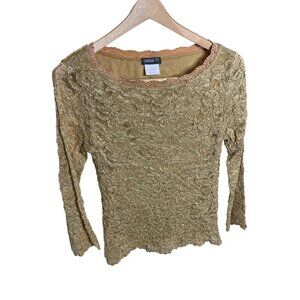Vintage 90s Nouveau Ts Gold Lacy Boat Neck Pullover Fitted Shirt Sz S